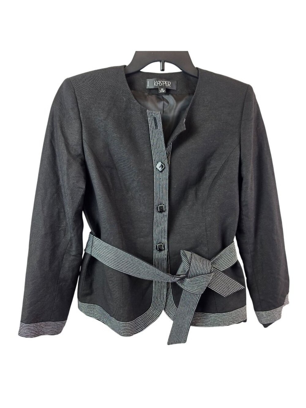 Kasper Jacket Womens 8P Petite Linen Blend Belted Collarless Geometric Trim Line